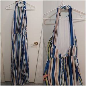 Lob Collection Striped Maxi Dress with Choker Open Back and Slits Size Large (L)